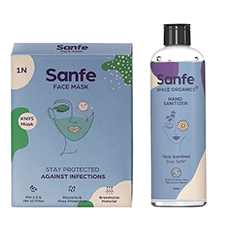 Pack of 2 Sanfe Safe & Healthy Combo (Sanfe KN95 Face Mask + Sanfe Space Organics Hand Sanitizer 500 ml)